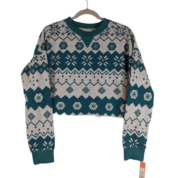 Colsie Cropped Sweatshirt Fair Isle Fleece Lounge Gray S Teal Long Sleeves Crew - Picture 1 of 9